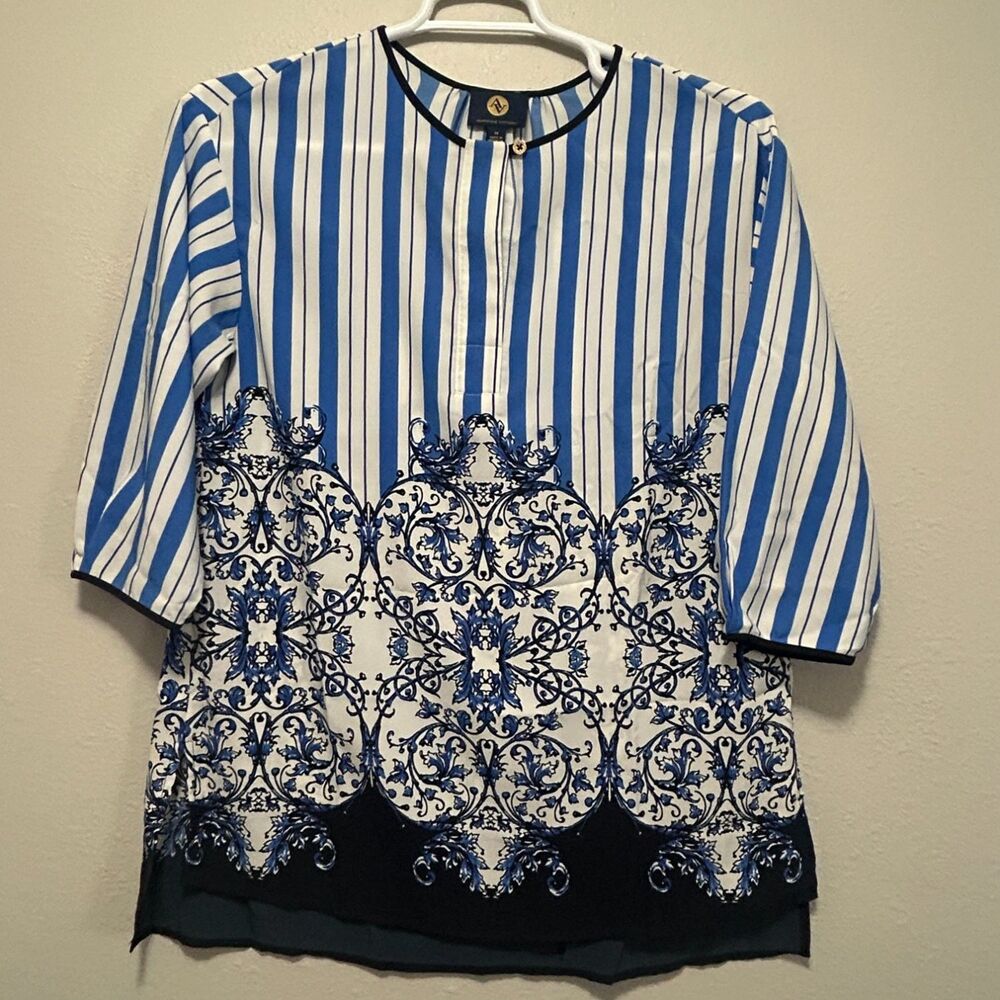 Adrienne Vittadini Blue and White Striped Printed Blouse